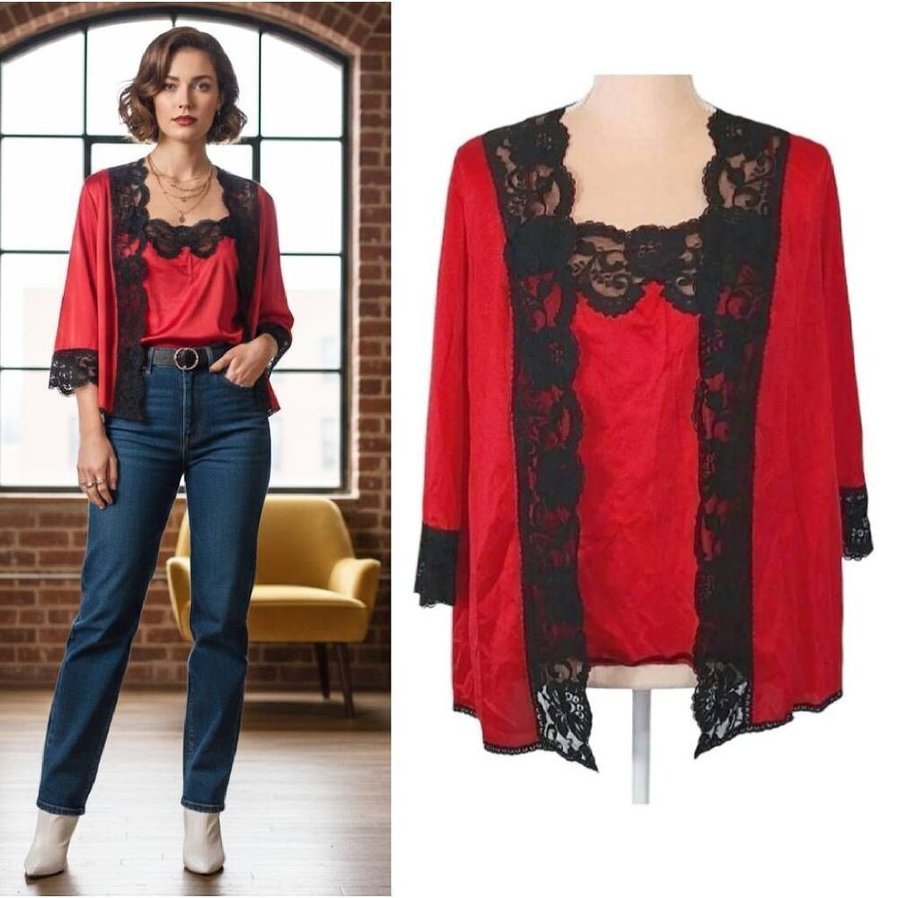 VTG Sabrina by Mervyns Red Black 2pc Cami and Robe Set Med Antron III Nylon Lace